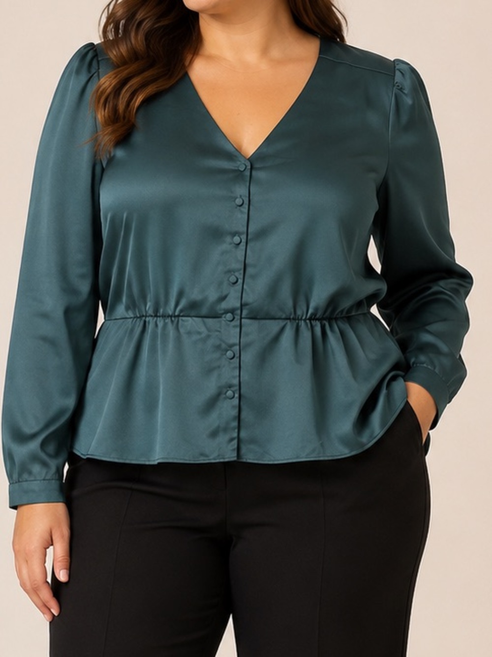 J.Crew Emerald Green Satin Crepe Button-Front Peplum Blouse Size 16